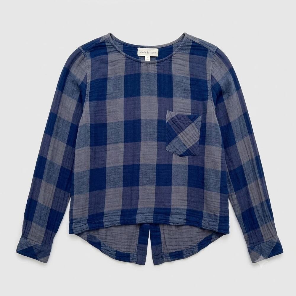 Cloth & Stone Plaid Lace Up Back Top Blue Gray Gauze Knit Cotton Blend Womens XS